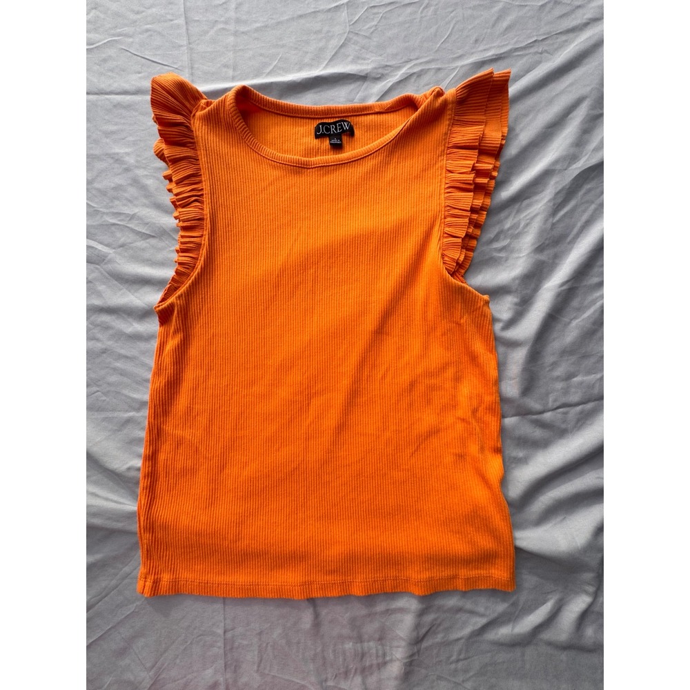 J.Crew Orange Ribbed Ruffle Sleeve Tank Top Size L Crew Neck Cap Sleeve